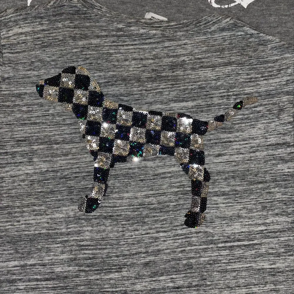 Victoria’s Secret PINK Checker Sequin Bling Gray Short Sleeve Tee Shirt - LG - Picture 3 of 9